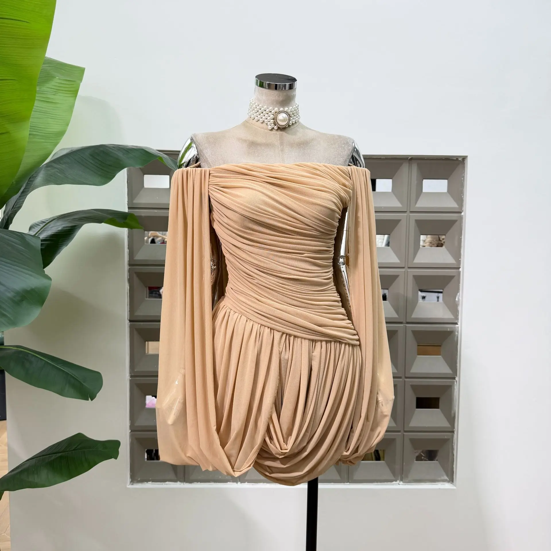 IEQJ Summer Irregular Blue Slash Neck Pleats Dress Women Long Sleeve Tight Waist Mini Dresses New 3A2052
