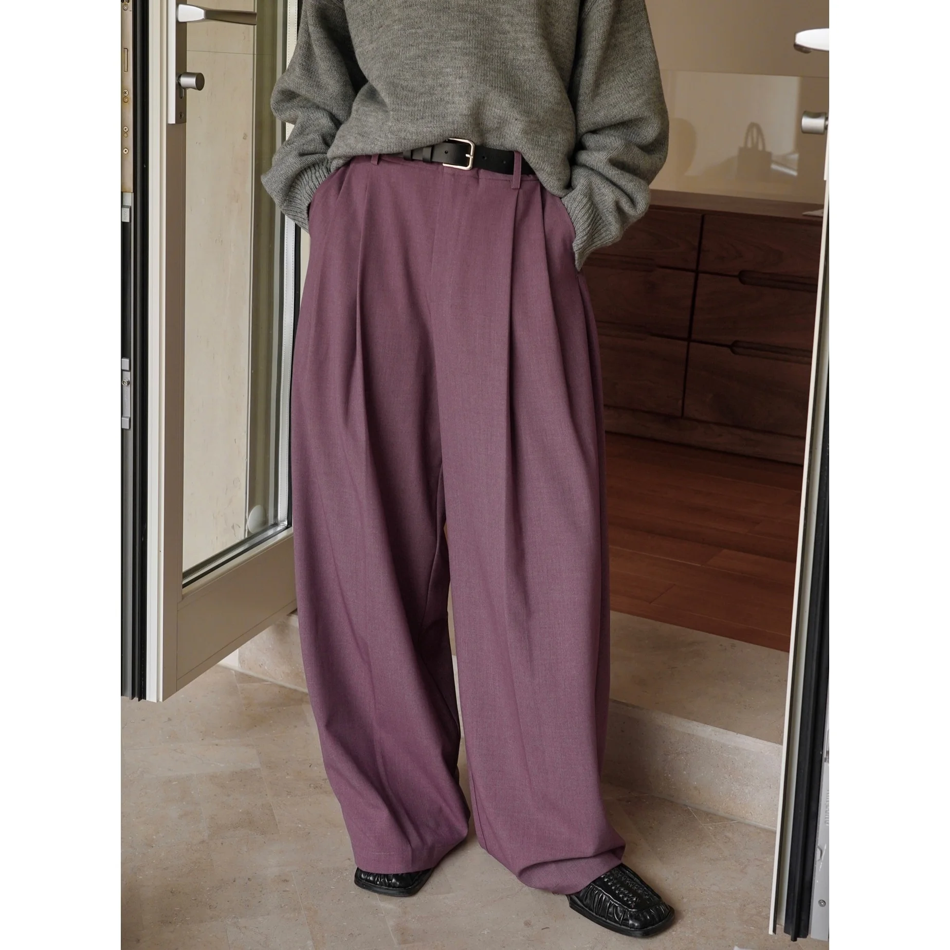 High Waist  Wide Legs Suit Pant Purple Black Wide Leg Office Pant for Women