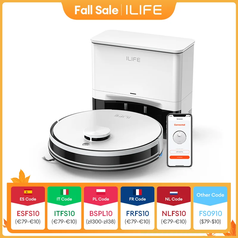 ILIFE-Robot aspirador A30 PRO de succión de 5000Pa, Combo de fregona, vaciado automático, capacidad de 60 días, aplicación/control remoto, tiempo de funcionamiento de 180 minutos