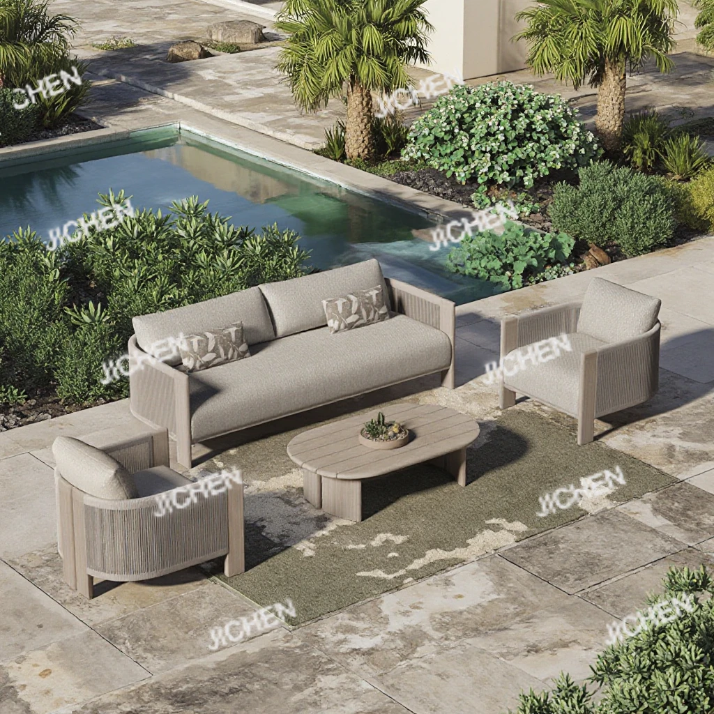 

Садовый диван JC из дерева, водонепроницаемый комплект для сада, мебель для террасы отеля, уличная мебель для роскошных вилл и курортов, обеденный стол для улицы