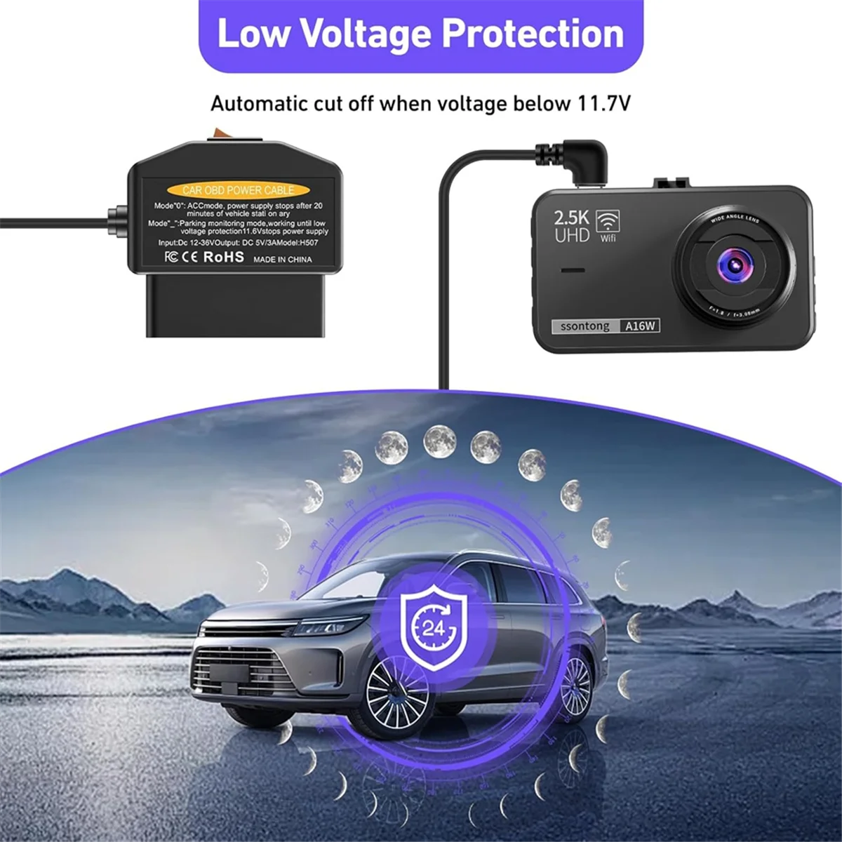 

New Tech OBD2 OBD Power Cable for Dash Camera, OBD to Type-C USB OBDII Adapter Hardwire Charger Cable, 12-36V to 5V/3A