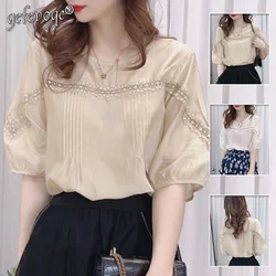 Elegante Spitze Patchwork Feste Farbe Chiffon Shirts Frühling Sommer 2022 Oansatz Halbe Hülse Lose Pullover Bluse frauen Kleidung