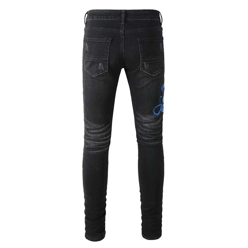 Men Royal Blue Snake Embroidery Jeans Streetwear Holes Ripped Black Stretch Denim Pants Skinny Tapered Trousers