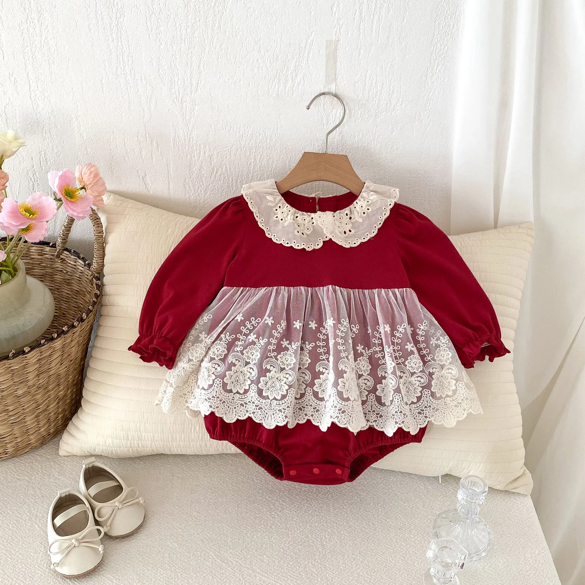 MILANCEL New Autumn Baby Girls Bodysuit 0-24 M Newborn 100 Days Clothes Infant Cute Lace Floral Dress One Piece Toddler Outwear