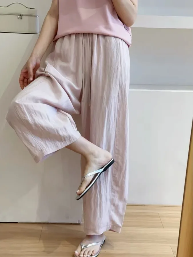 Authentic Morning Fog Light Pink High Waist Elastic Wide Leg Casual Pants Rose Pattern Cotton Linen Blend Ladies Trousers