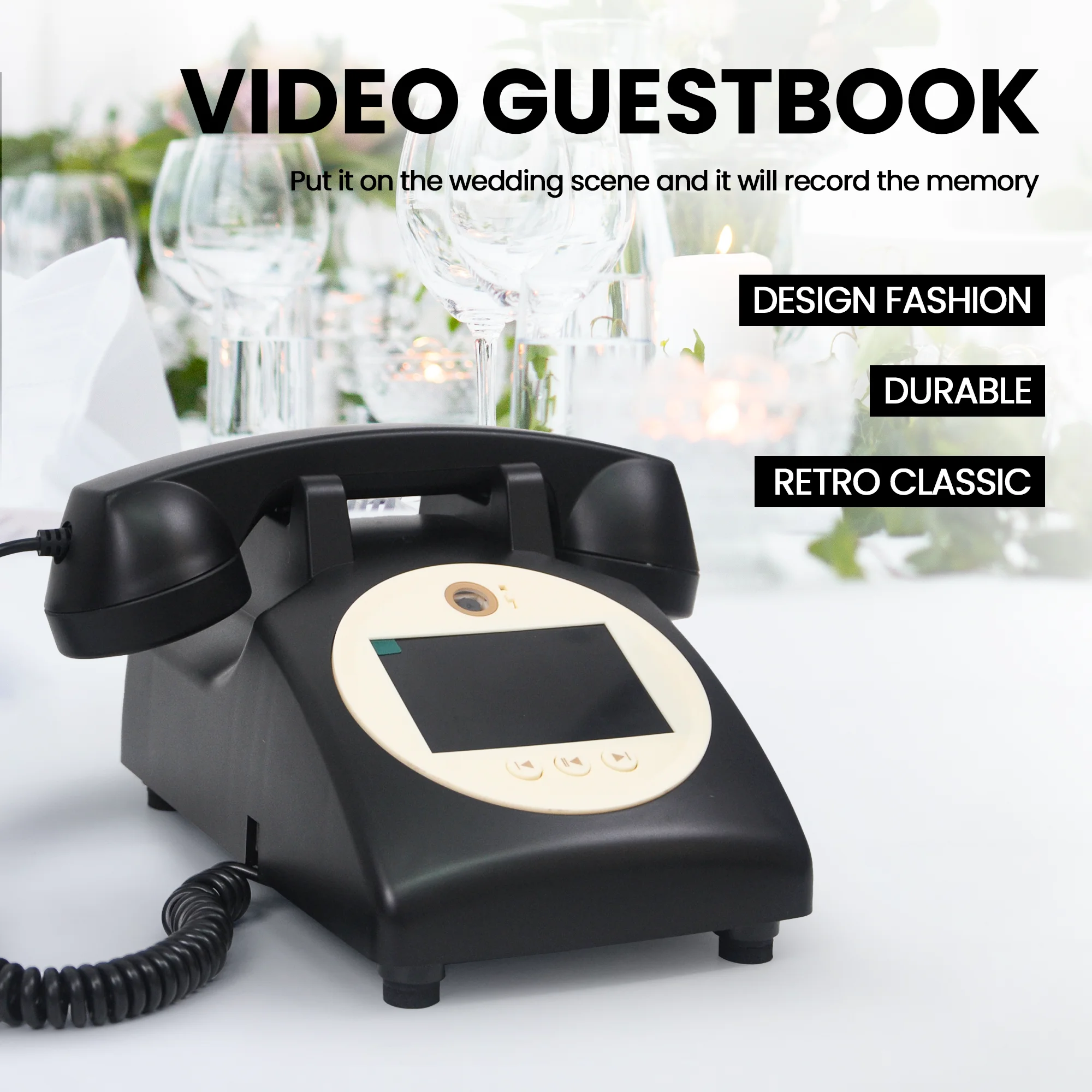 Retro style wedding party video guest book phone retro phone message recording 2K resolution video audio message book phone