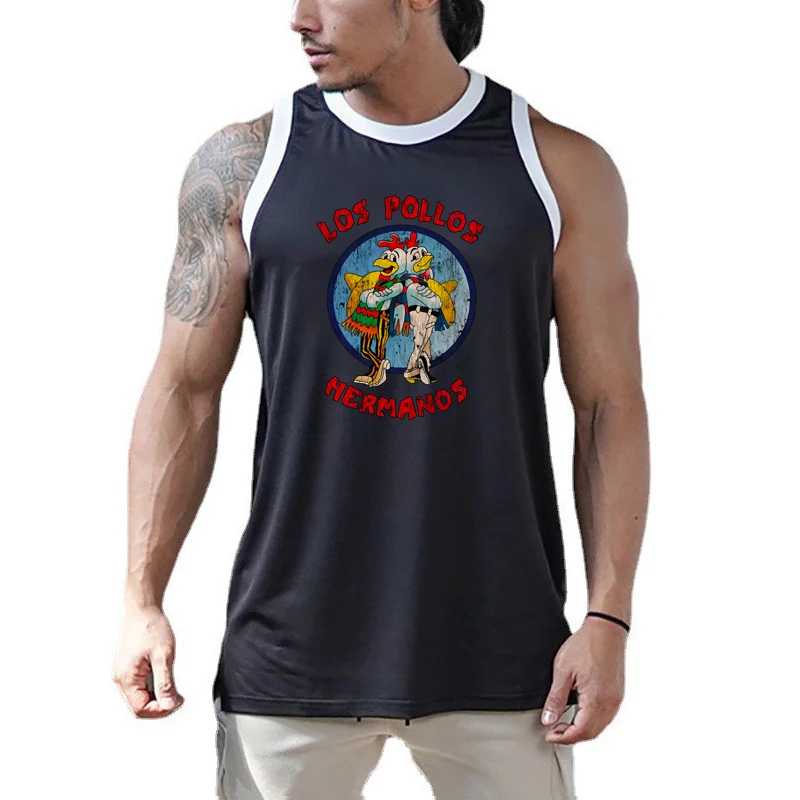 LOS POLLOS Hermanos Funny Print Vests Gym Bodybuilding Sport Sleeveless Tank Tops Mens Fitness Mesh Breathable Quick Dry Shirts