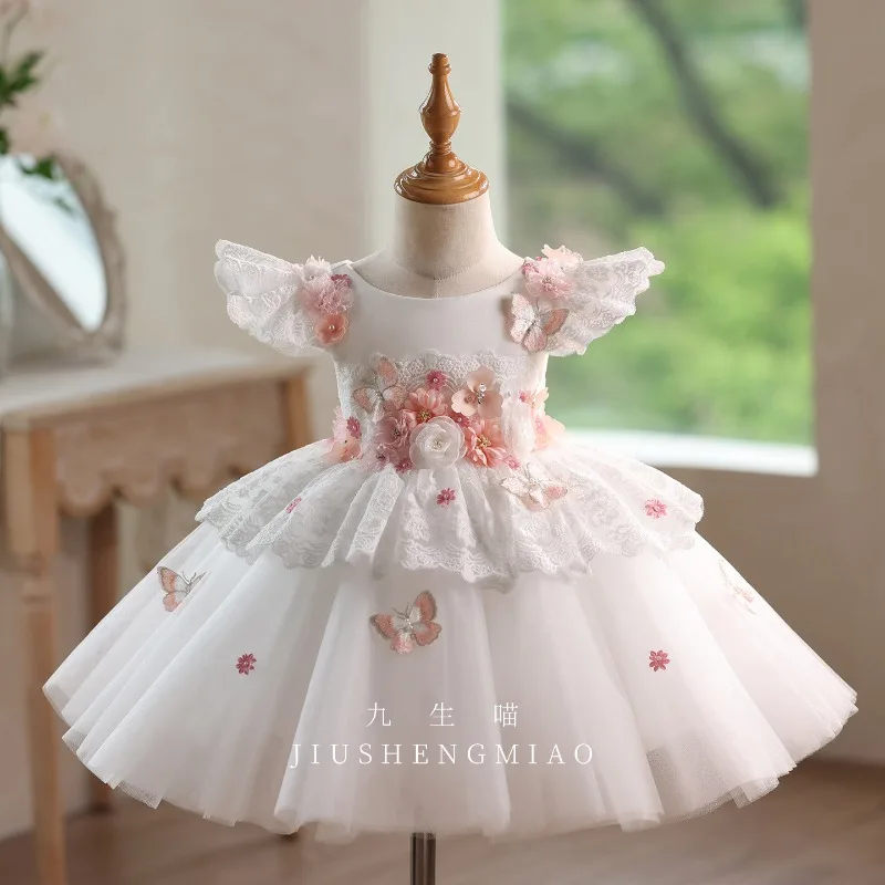 

White Flying Sleeves Girls Birthday Princess Dress Lace Host Piano Performance Dress Kids Sweet Cute Flower Short Dress