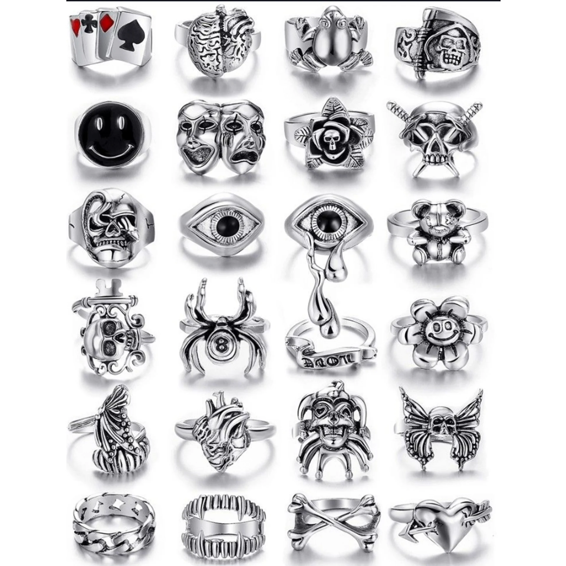 24-piece make old Tears ring set Alloy personality poker card smiley ring ring Gothic punk hip hop trend everything accessories