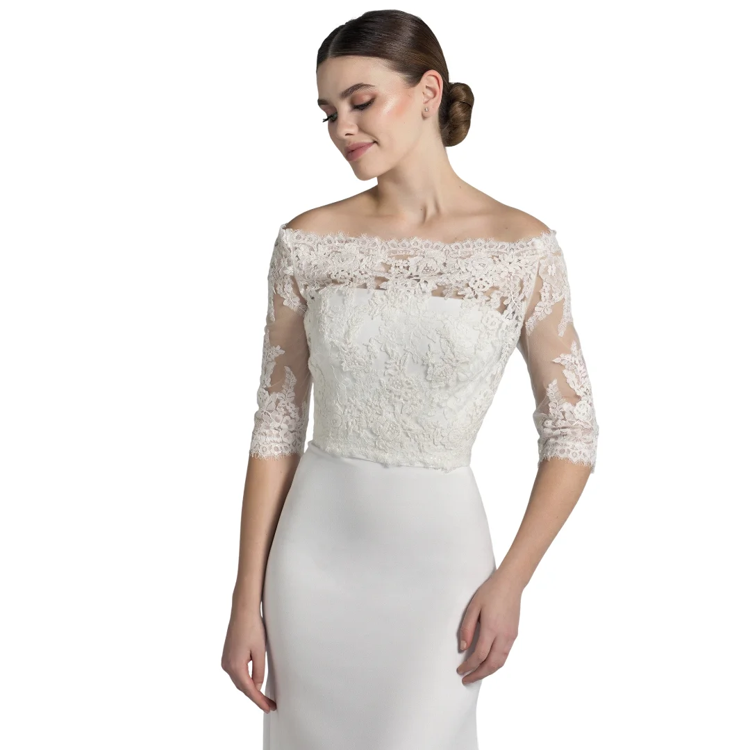 Luxury Ivory Off-Shoulder Sheer Lace Bridal Bolero with Pearl Button Back and Floral Embroidery Women Customized J26777