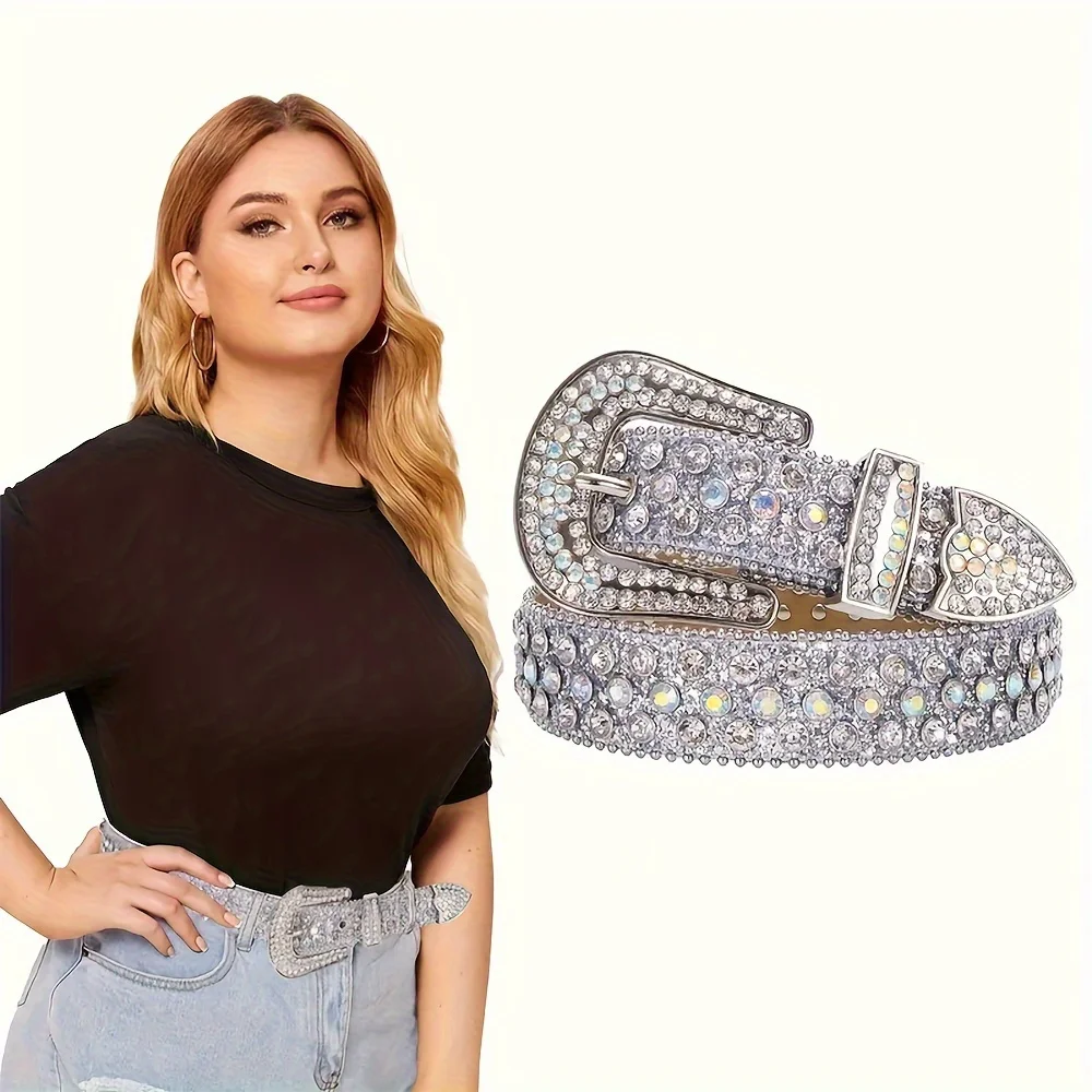 

Oversized Sparkle Belt Silver Shining Western Cowboy Girl Cowboy Belt Nail Set Belt Y2K Style Pants Jeans