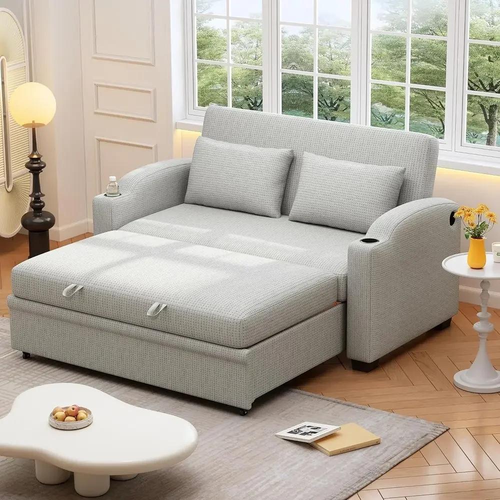 

65 Pull-Out Sofa Bed with Chenille Fabric, Adjustable Backrest, 2 Pillows, Cup Holders, USB Ports, Suitable for Living Room in W