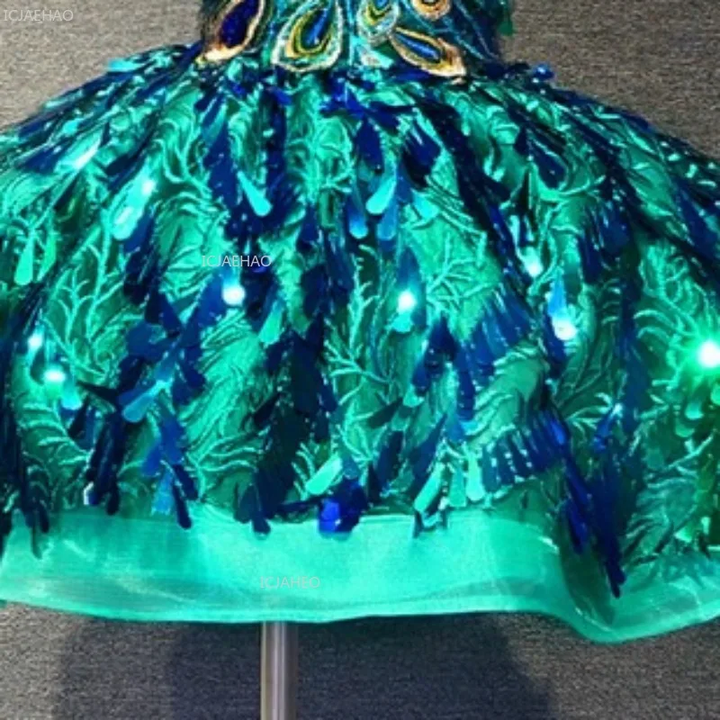 Kids Girls Green Sequin Short Party Dress Puffy Performance Fashion Show Host Pageant Tulle Princess Gown for New Year Children view 6