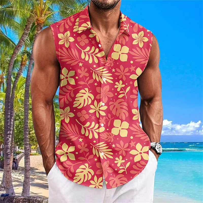 

2025 New Men's Summer Travel Hawaiian Style Sleeveless T-Shirt Shirt, Lightweight and Breathable Beach Vacation Shirt