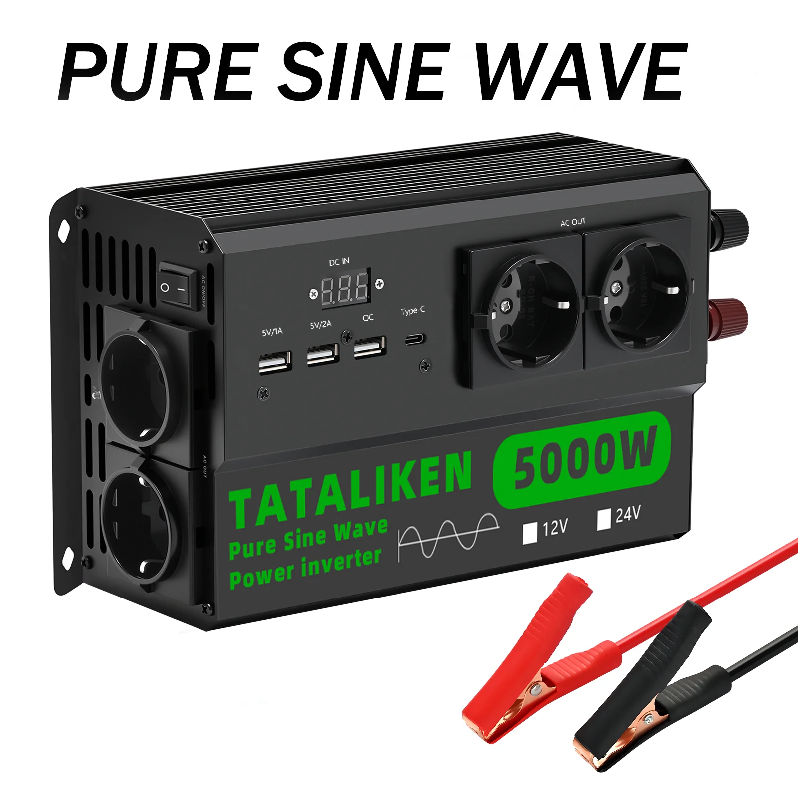 5000W Hochleistungs-Reiner-Sinus-Wechselrichter DC zu AC 220V 50Hz, 4 EU-Steckdosen, Digitales LCD-Display, Thermostatgesteuerter Lüfter für LKW