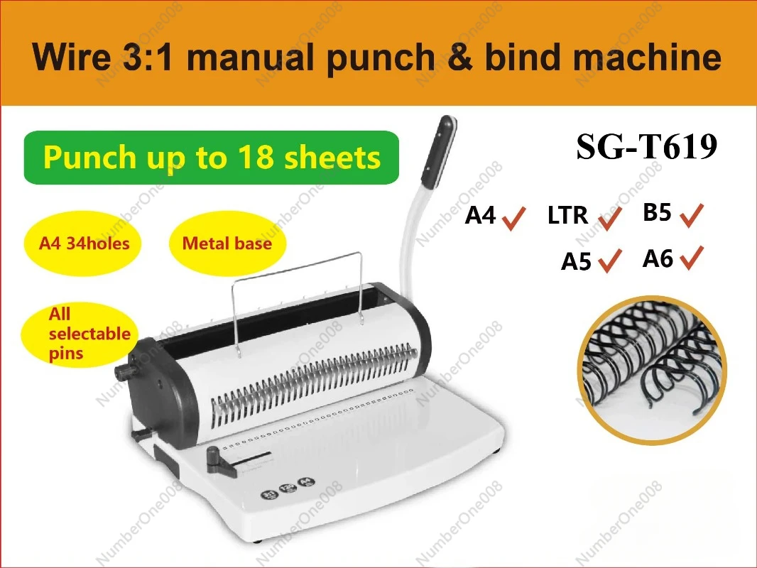 SG-T619 3:1 34 Holes Manual Wire Paper Binding Machine Exercise Book Wire Manual Binding Machine