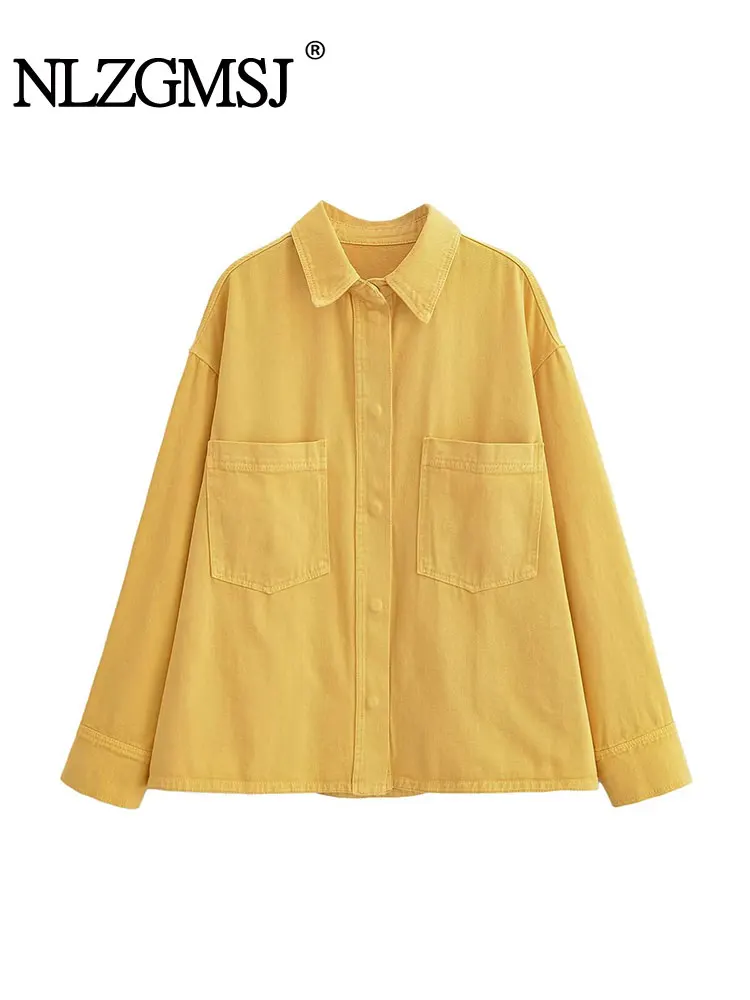 

Nlzgmsj 2025 Fashion Yellow Jacket V-neck Shirt Coat Long Sleeve Denim Jackets For Women Casual Streetwear New Outerwears