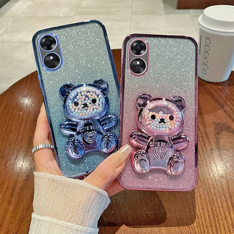 For OPPO A78 4G Case Soft Silicone Bling Shockproof Electroplated TPU Cell Phone Casing For CPH2565 Back Cover Cute Bear Stand