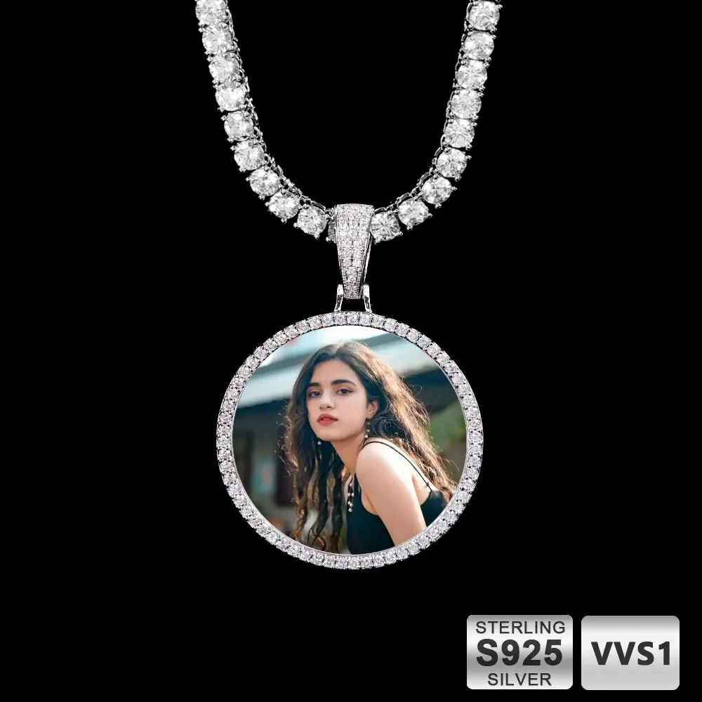 S925 VVS Photo Pendant Custom Moissanite Circle Chain Iced Picture Charm Women Men Jewelry Gift
