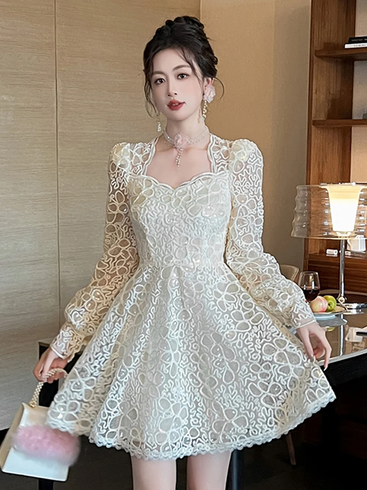 Robe de Rhélégante pour femme, paillettes brillantes, dentelle transparente, robe de Rh, robe de soirée douce, club de banquet, robe éducative, printemps