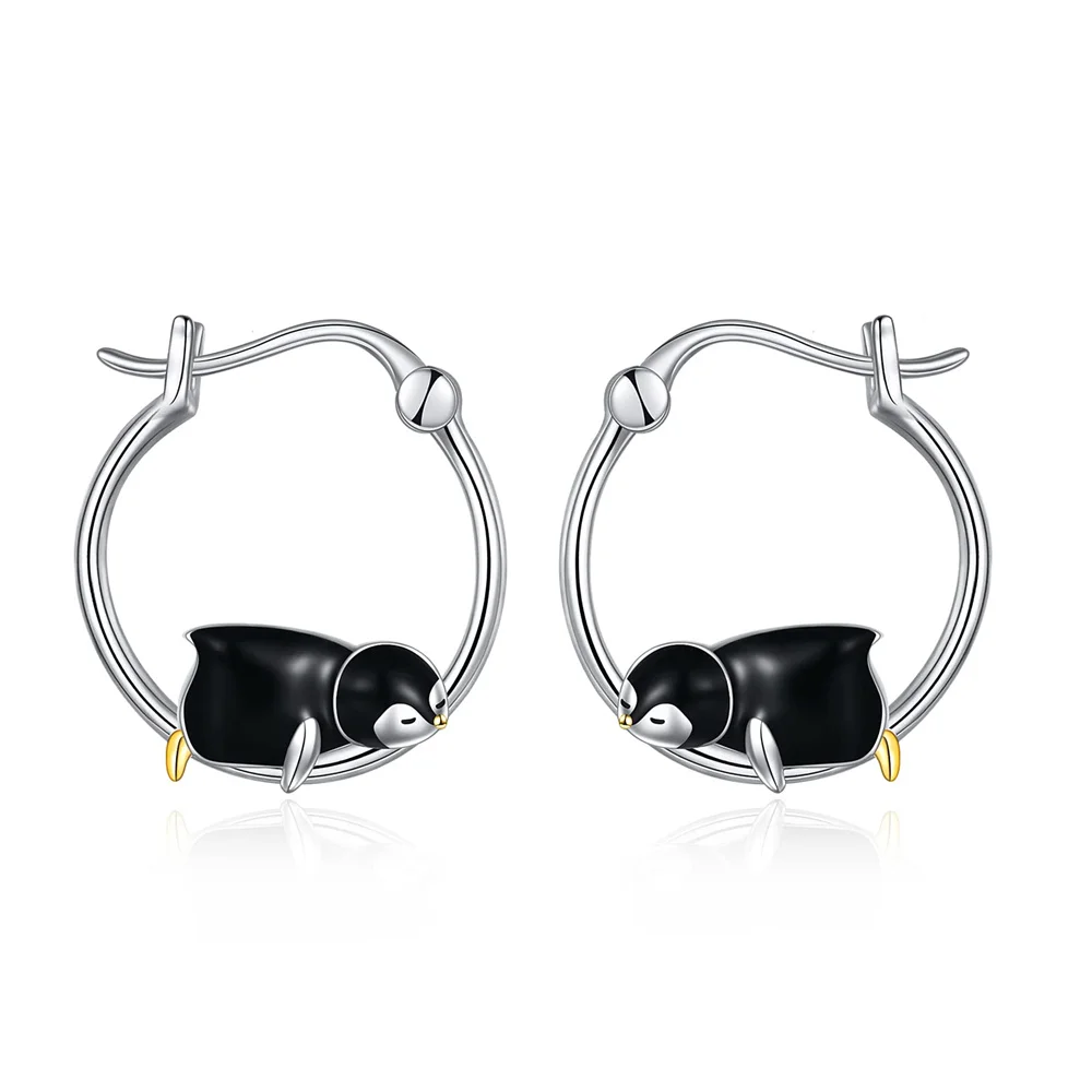 New Penguin Silver Plated Hoop Earring Fashion Cute Delicate Dazzling Enamel Animal Dropearring Jewelry Gift for Women Daughter