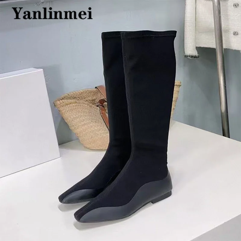 

New Knee-High Boots For Woman Black Stretch Boots Square Toe Slip-on Runway Shoes Women Cosy Flat Long Boots Woman Botas Mujer