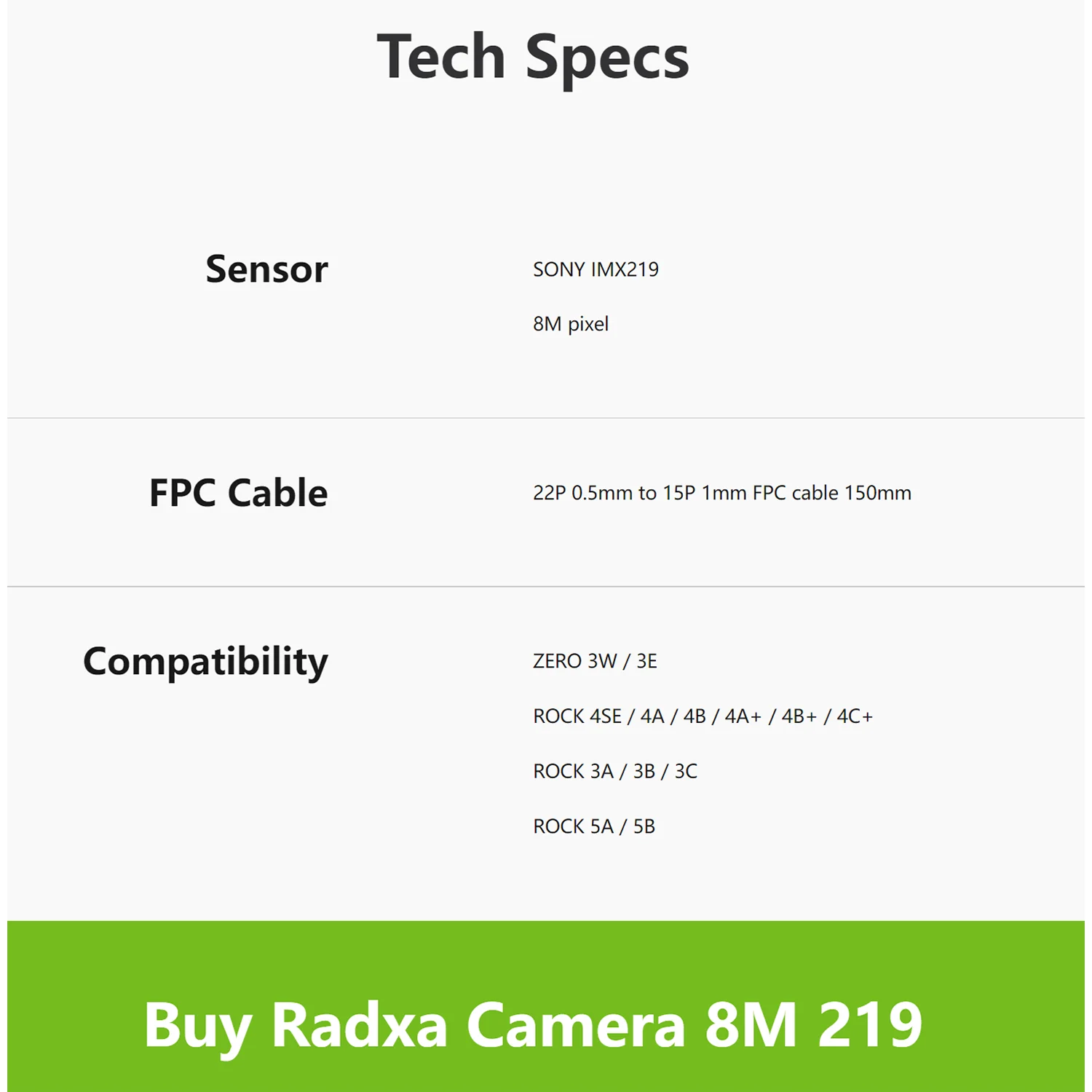 Radxa Camera 8M 219 FOR ZERO 3E/3W SONY IMX219 8M pixel 22P 0.5mm to 15P 1mm FPC cable 150mm