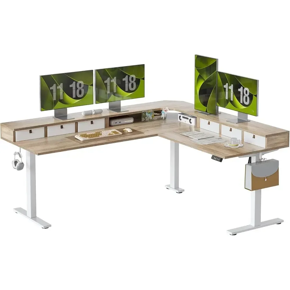 Electric Adjustable Height L-Shaped Standing Desk, 75x61 inches, with 6 Drawers and Upper Shelf, Maple Finish, Splice Board for