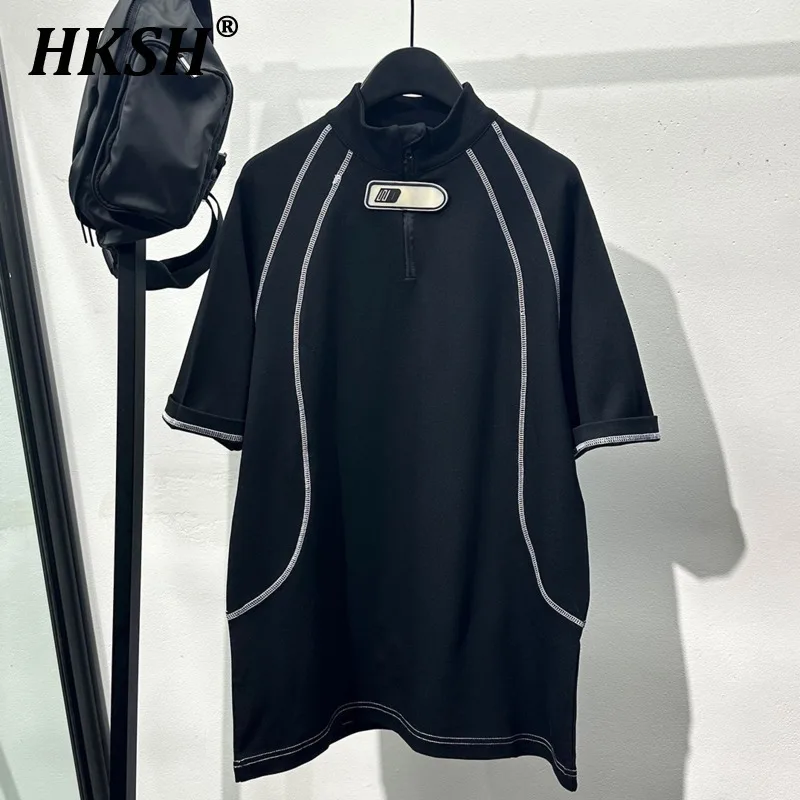 HKSH Summer New Man Tide Streetwear Korean Dark Zipper Chic T-shirt Color Contrast Bright Thread Version Tops Ins Fashion HK5271