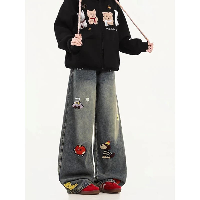 

ZHIZOU женские синие мешковатые джинсы Y2k с вышивкой, эстетический стиль 2000-х годов, джинсовые брюки, винтажные джинсовые брюки большого размера в стиле Харадзюку, осень