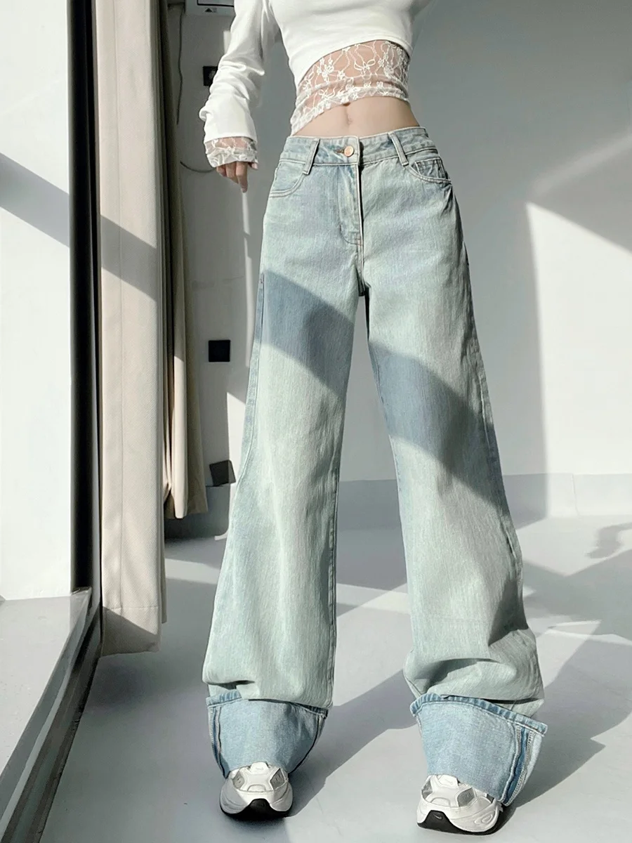 

Stylish Loose Fit Wide Leg Jeans High Waist Long Straight Cut Denim Pants Cuffed Hem Trendy Slimming Floor Length Trousers