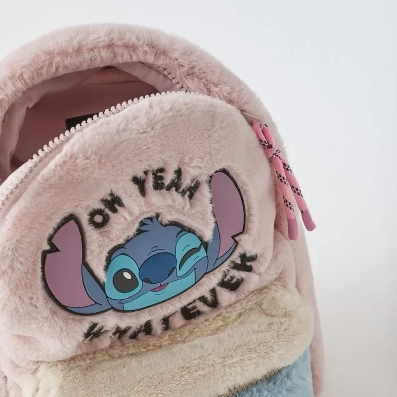 Disney Stitch Pelúcia Infantil Couro Genuíno Rosa Orelhas Grandes Alien Head Color Block Mochila