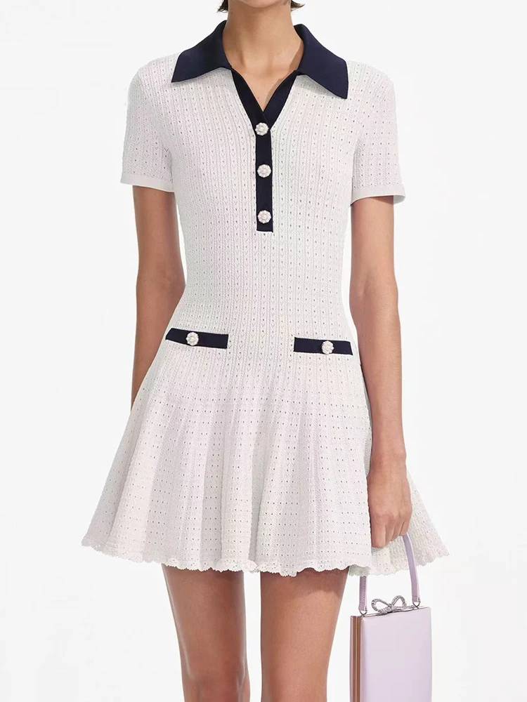 

2025 Summer New Fashion White Knit Dress Women Temperament High Waist Hollow Out Contrast Color Turn-down Collar Robe