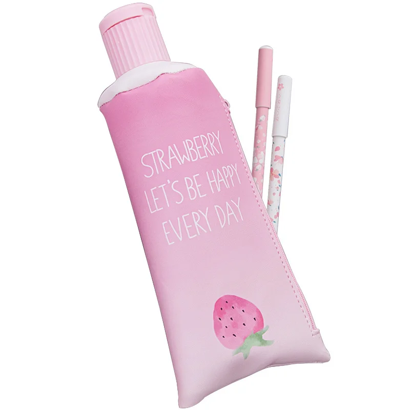 1PC Strawberry Toothpaste PU Pencil Case with Pencil Sharpener Kawaii Stationery Storage Pen Bag for Girl Students Gifts