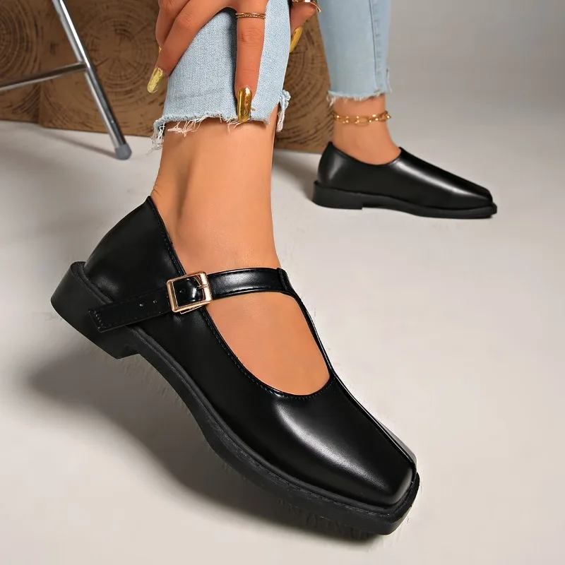 النمط الفرنسي موضة كل مباراة حذا فردي للسيدات 2025 ربيع جديد لونين ساحة تو الفم الضحلة كعب مربع حذاء مسطح حجم كبير #5