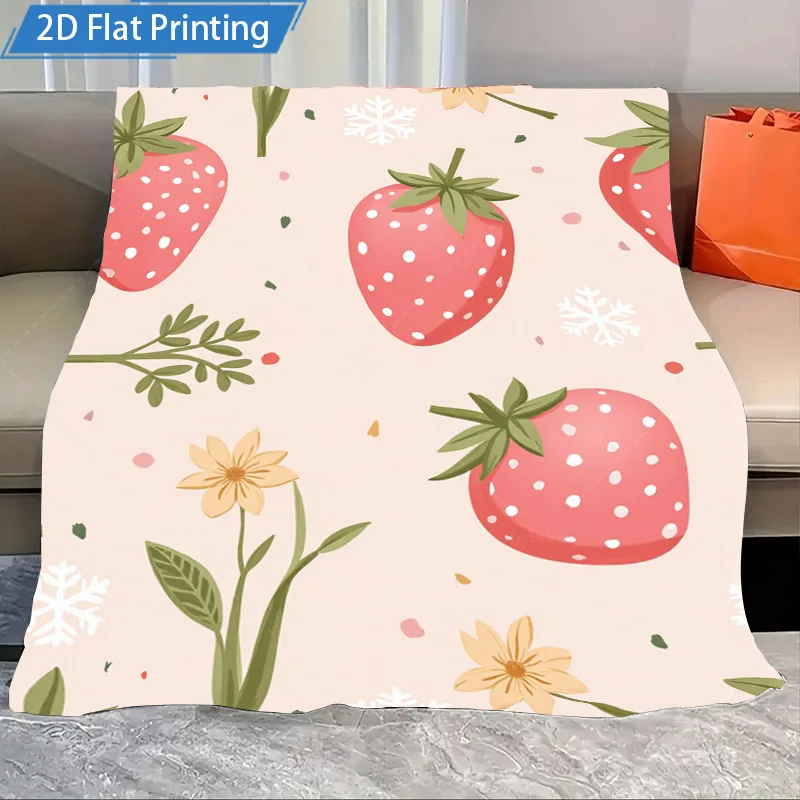 1pc Flannel Blanket Cute Strawberry Floral Print Blanket Soft Cozy Throw for Living Room Sofa Bed Decor