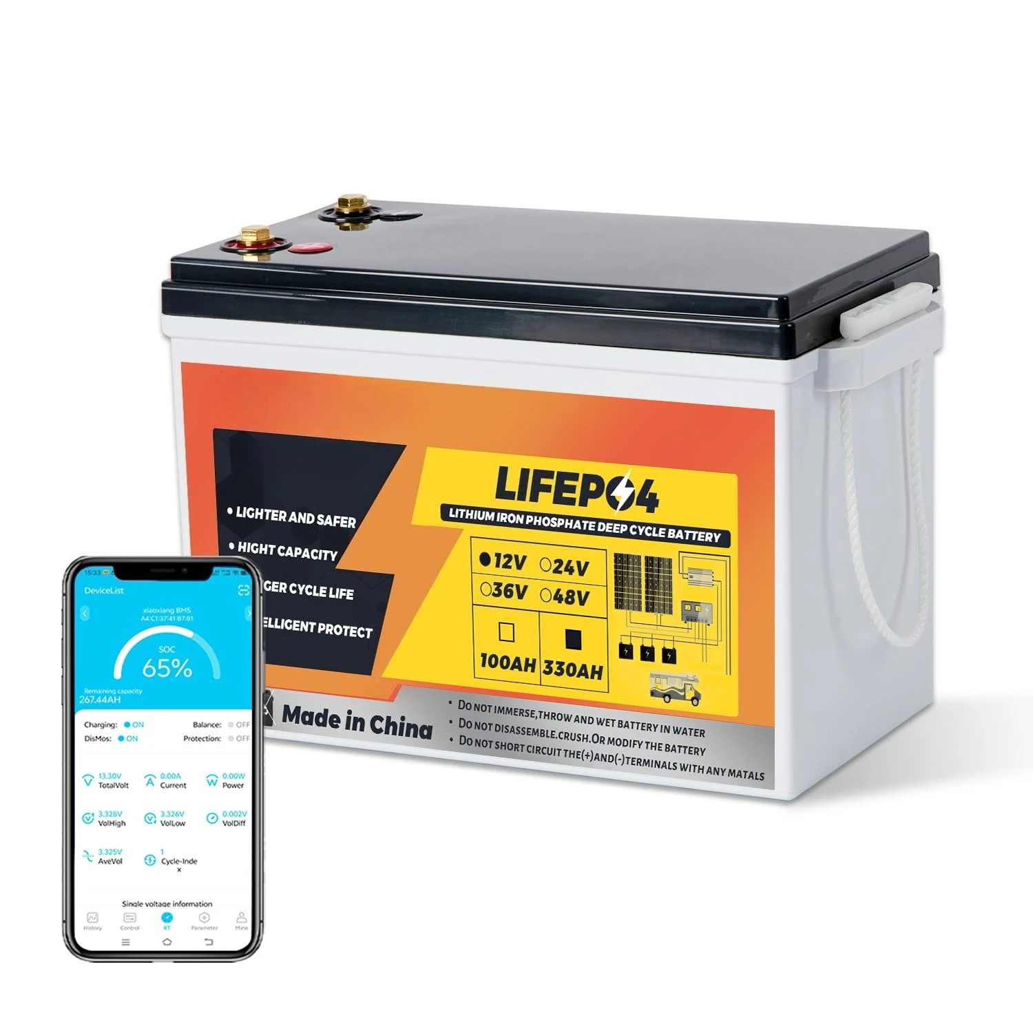 

12V 330AH Lithium Battery,12.8V Lithium RV Battery with Bluetooth and 200A BMS,Max 4224wh,Deep Cycle 8000+,Perfect, Customized