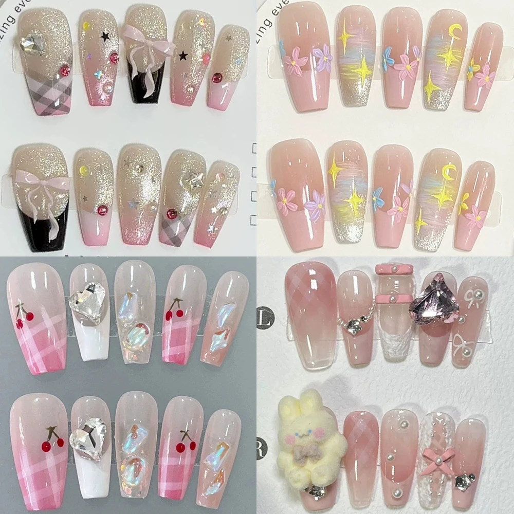 

Cute Handmade Long Coffin Shape Fake Nail Kawaii Dopamine Hand-Painted Flower Bow Five-Pointed Star Detachable Fake Nails Gift