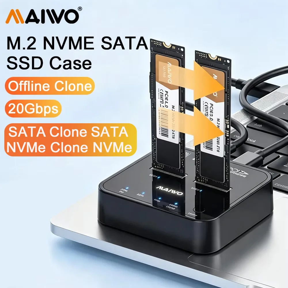 MAIWO Dual-Bay M.2 NVME SSD Enclosure Dock Station Clone USB3.2 Type C Gen2 External Hard Disk Box 20Gbps NVME Docking Station
