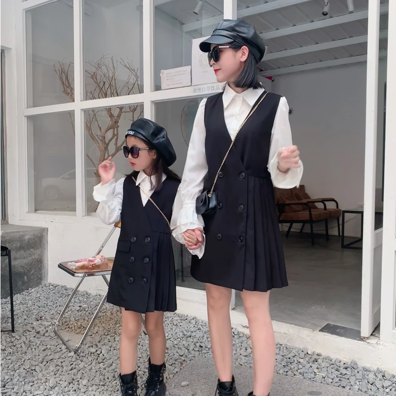 2023 Mommy And Daughter Matching Clothes Mother And Baby Girls Equal Withe Long Sleeve Blouse+Dress Outfits Women Clothing Sets