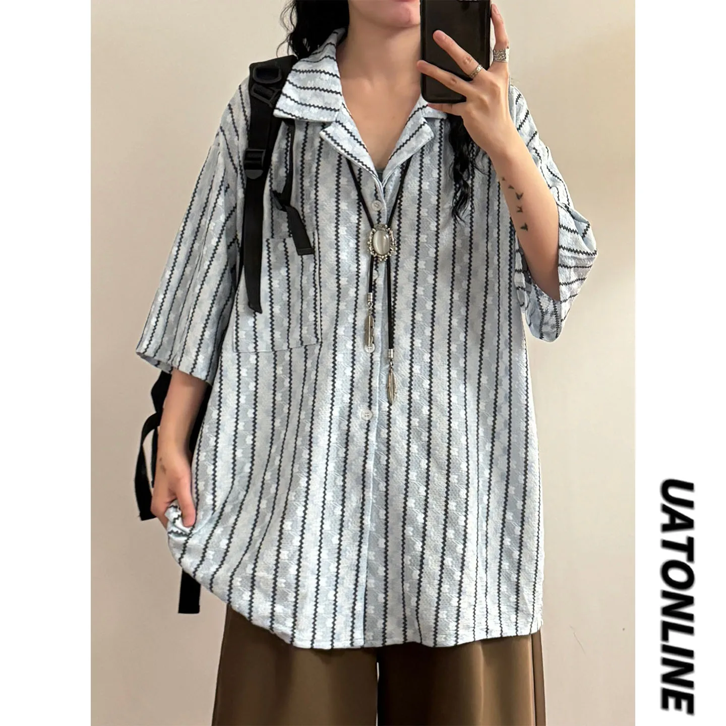 

UATONLINE2026 Summer Vintage Hollow out Color Block Striped Loose Casual Collar Short Sleeve Shirt Women's Fashion Breathable