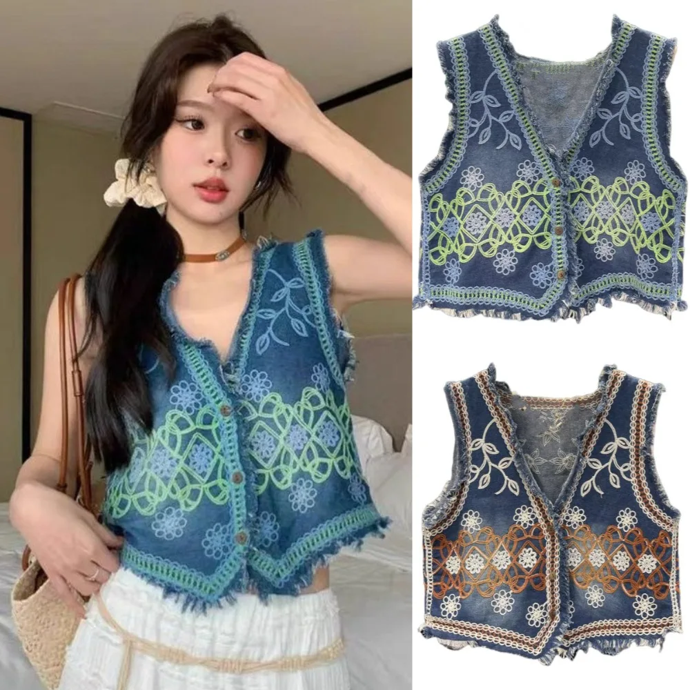 Casual Y2K Floral Embroidery Denim Vest Sweet Button-up Cropped Sleeveless Vest Streetwear Loose Short Jacket Coat Spring Summer