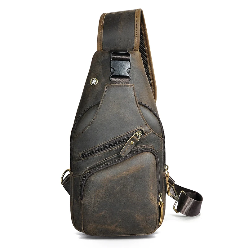 Crazy Horse Leather Men Vintage Travel Triangle Chest Sling Bag Design 8