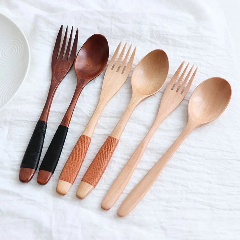 Wooden Natural Rice Utensil Cereal Soups Spoon Tableware Fork Dinnerware Sets