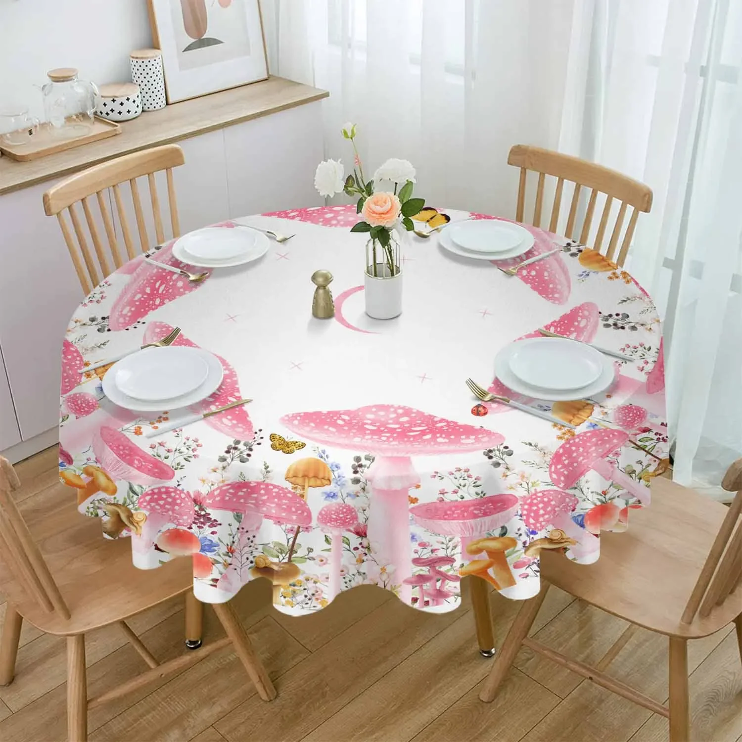 Pink Mushroom Plant Flower Round Tablecloth Waterproof Table Cover Home Kitchen Table Cloth Dining Table Decoration Accessories