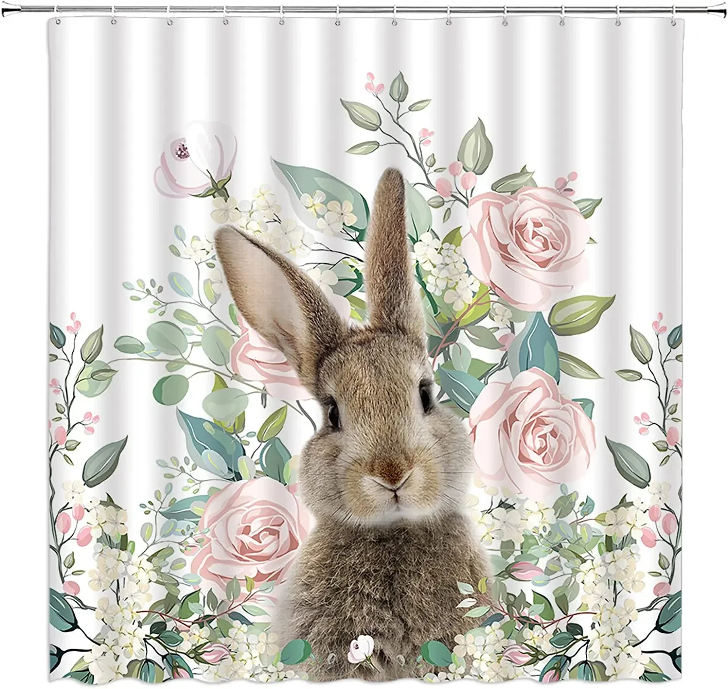 Easter Bunny Floral Shower Curtains Rabbit Flower Leaves Spring Plant Boho Nature Fabric Bathroom Decor Bath Curtain with Hooks