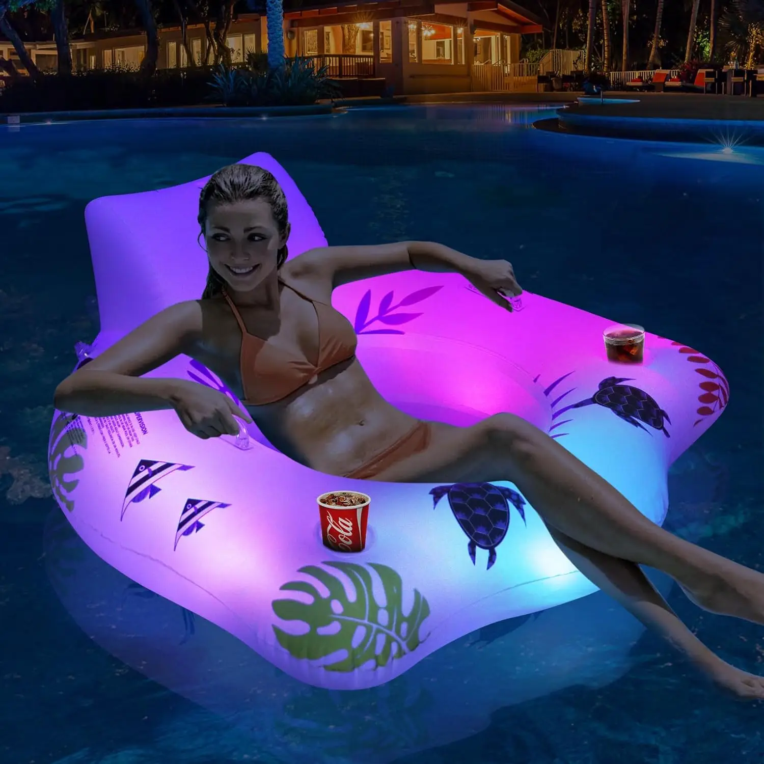 

Inflatable Pool Floats Chair with Color Changing Light, Solar Water Floats for Adults with 2 Cup Holders & 2 Armrests, Beach