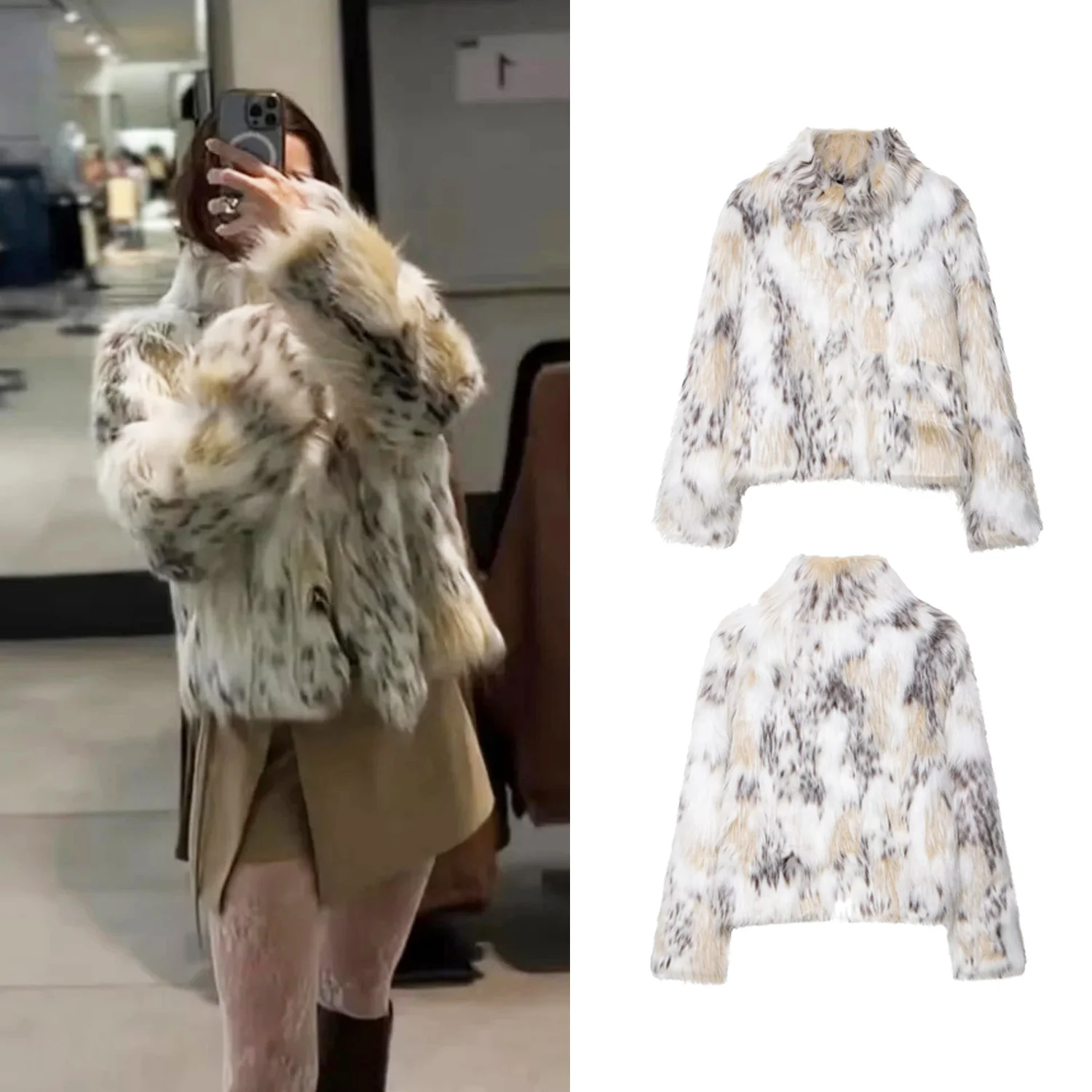 

Women Leopard Faux Fur Jacket Coat Female Autumn Winter Short Stand Collar Panelled Jackets Lady Thick Warm Outwear
