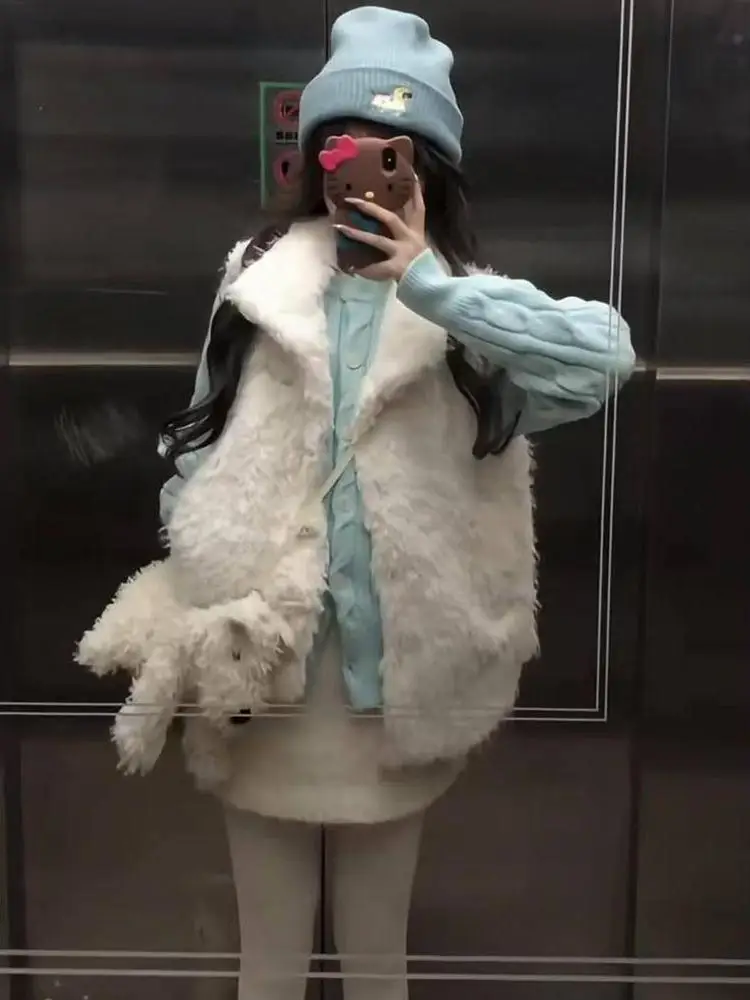 Koreański Zestaw Ubrań w Stylu College: Ciepła Kamizelka z Futrzanym Kołnierzem, Damski Kardigan z Dzianiny w Warkocze, Dwuczęściowy Komplet na Jesień i Zimę