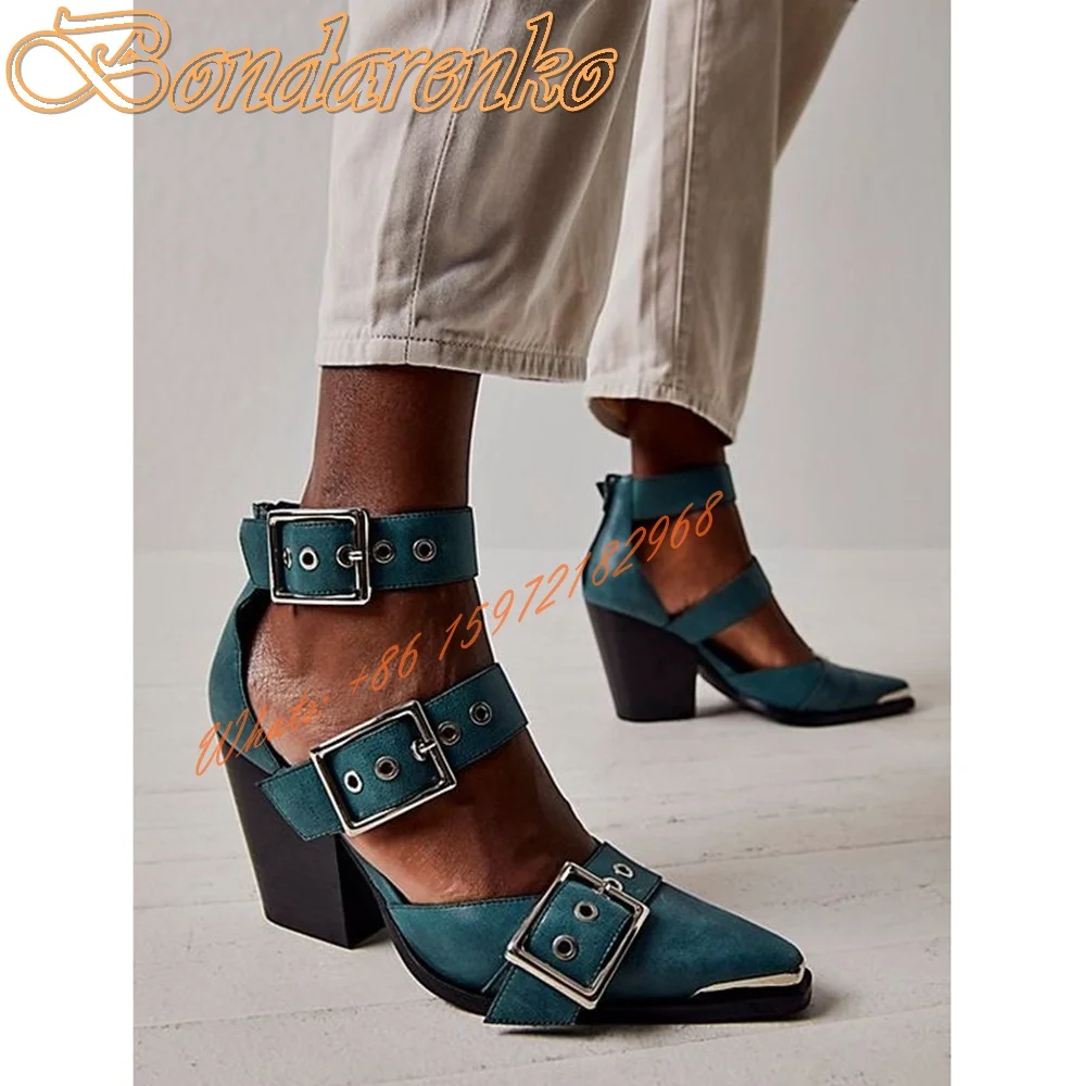 Belt Buckles Chuny Heels Pumps Pointy Toe Straps Rivet Hollow Solid Women Dress Shoes Leather Sexy Designer Pumps Spring Autumn